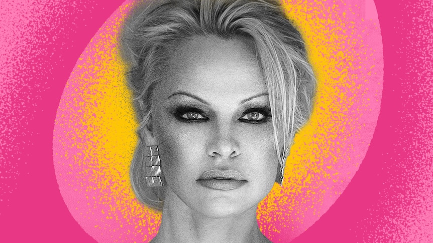 Pamela Anderson headshot with coloured background