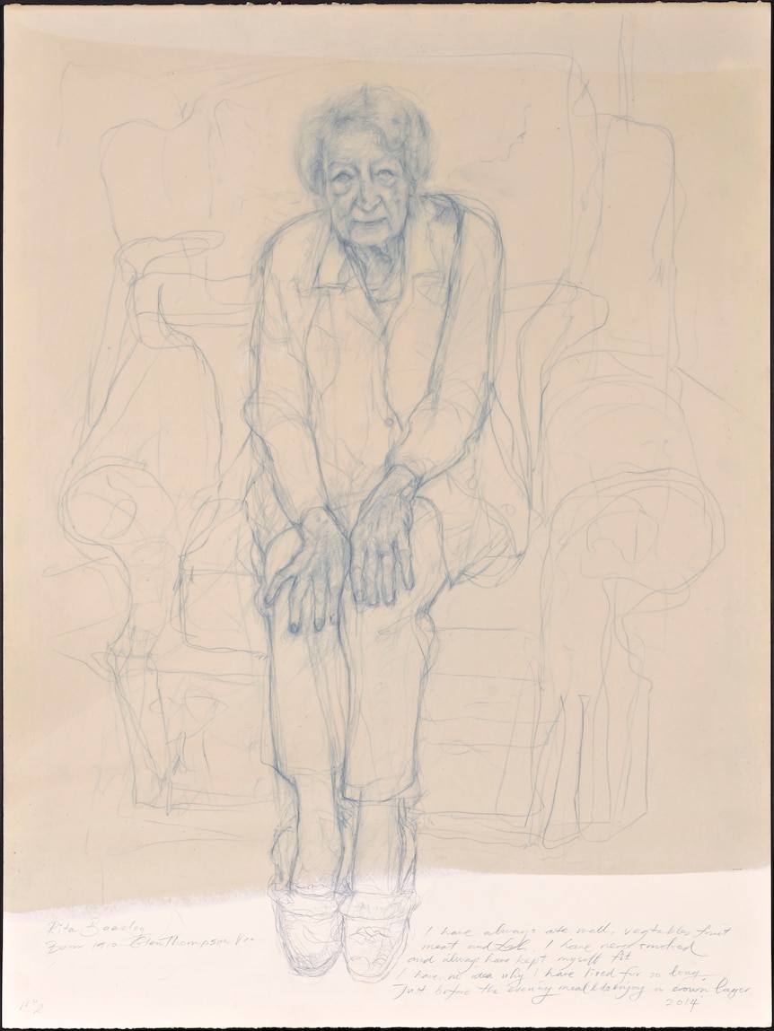 A pencil sketch of an elderly woman in an armchair
