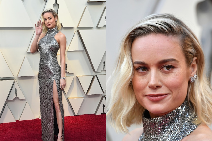 Brie Larson wears a slinky, silver number to the Oscars.