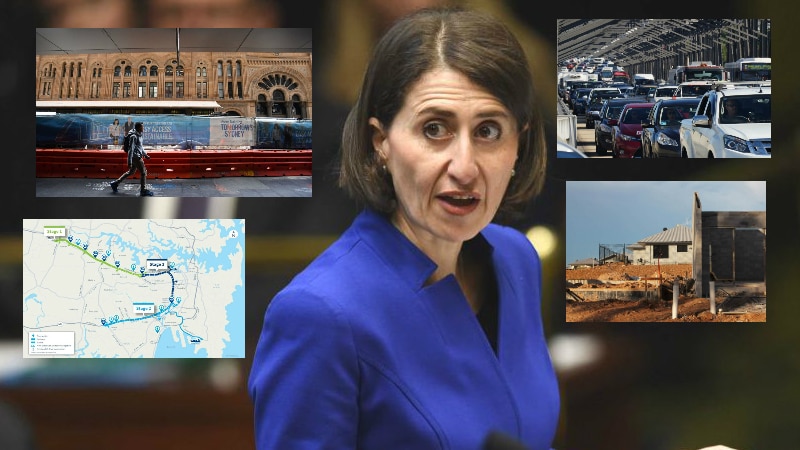 A composite image showing Ms Berejiklian with photos of buildings, maps and traffic.