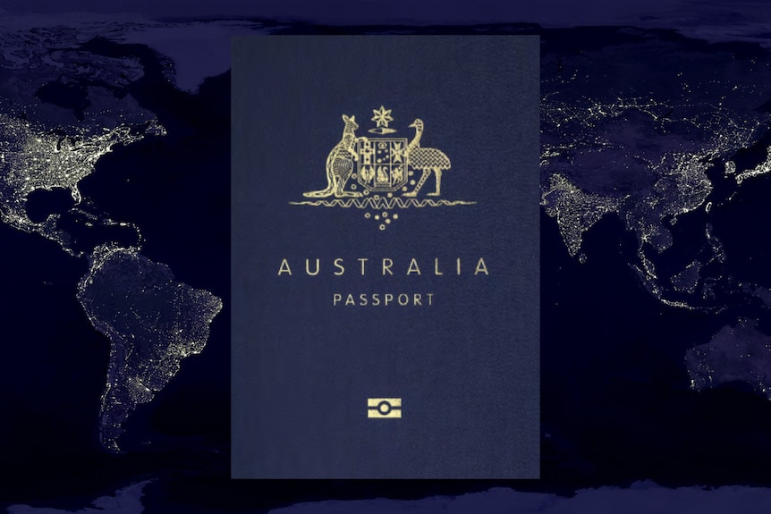 The Australian passport in front of a night-mode world map