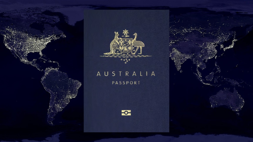 The Australian passport in front of a night-mode world map