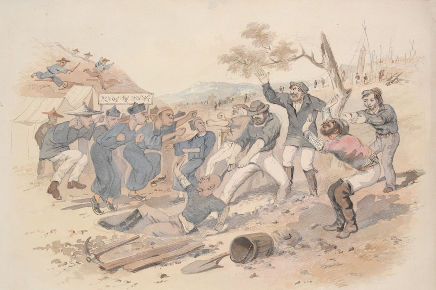 Mid-1800s illustration depicting Buckland anti-Chinese race riot by S.T. Gill.