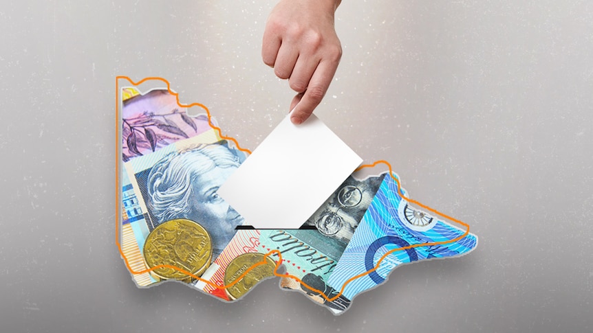 A graphic showing money inside a map of the state of Victoria, as a hand delivers a voting ballot into a slot.