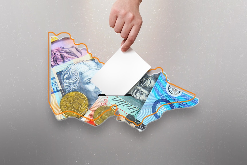 A graphic showing money inside a map of the state of Victoria, as a hand delivers a voting ballot into a slot.