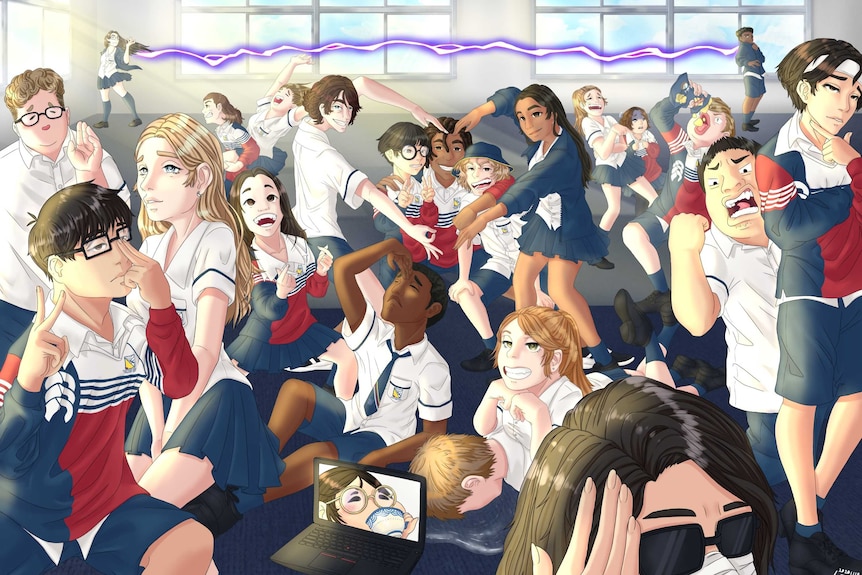 A manga-style cartoon depicting high school children.