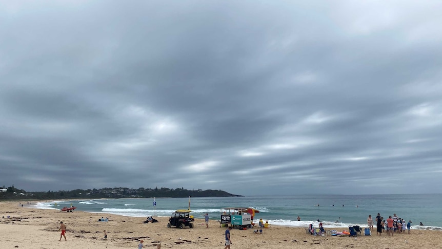 A beach on an overcast day with people scattered on the sand