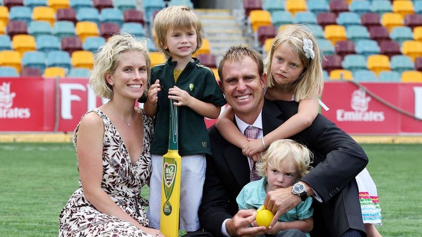 Matthew Hayden poses with his wife Kellie, sons Joshua and Thomas and daughter Grace