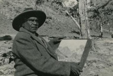 Albert Namatjira, photographed by Jim Gallacher at Areyonga in 1950.