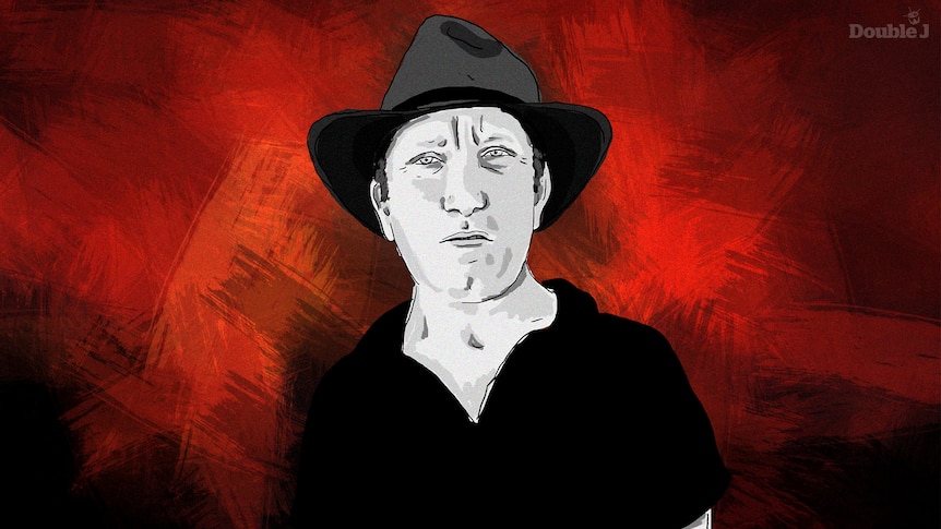 A black and white illustration of Ron Peno, wearing a black shirt and black bowler hat.
