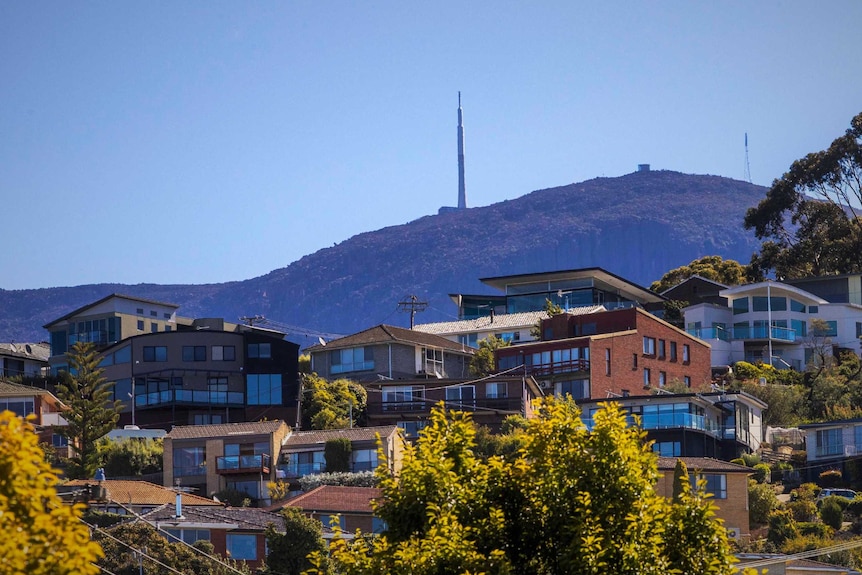 Housing in foreground, with mountain backdrop.