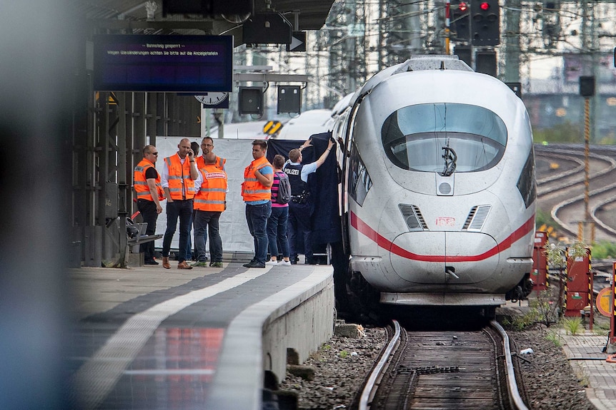 Police officers and rescue workers recover a body under an ICE highspeed train at the main station in Frankfurt, Germany.