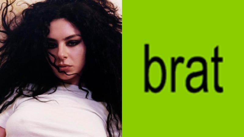 A composite of two images. Left, a picture of Charli in a white t-shirt with her black hair abound; Right, the Brat cover.