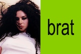 A composite of two images. Left, a picture of Charli in a white t-shirt with her black hair abound; Right, the Brat cover.