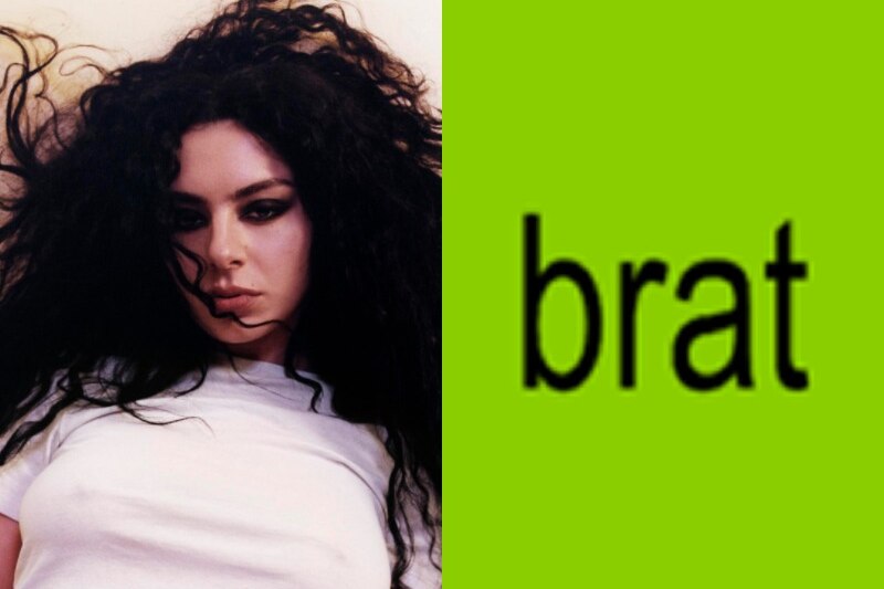 A composite of two images. Left, a picture of Charli in a white t-shirt with her black hair abound; Right, the Brat cover.