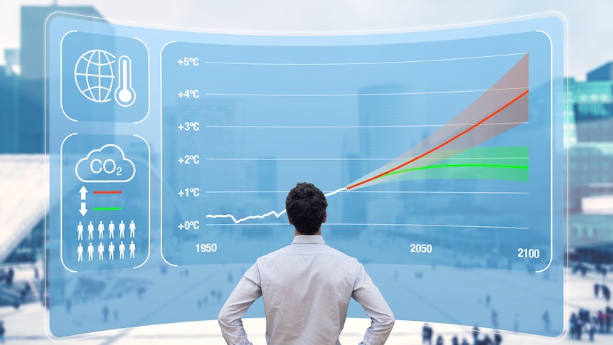 a man stands in front of a big screen graph of  climate data  
