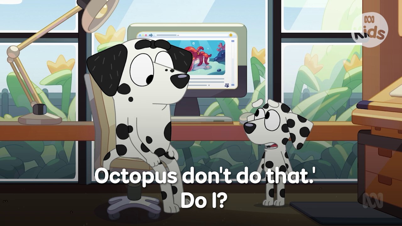 Screenshot from an episode of Bluey. Chloe and her dad talking in front of the computer.