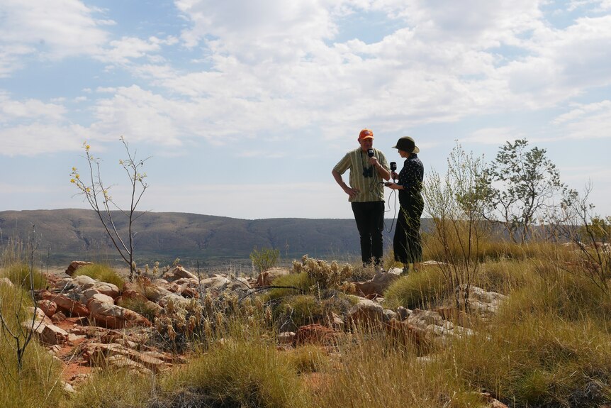 A man and a woman stand atop a mountain in the outback, talking. 