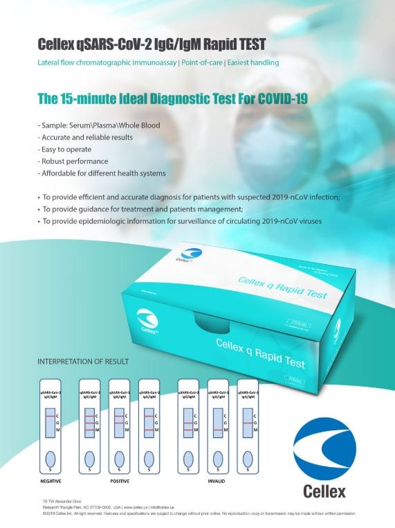 Graphic with teal and white box and accompanying text advertising a COVID-19 testing kit
