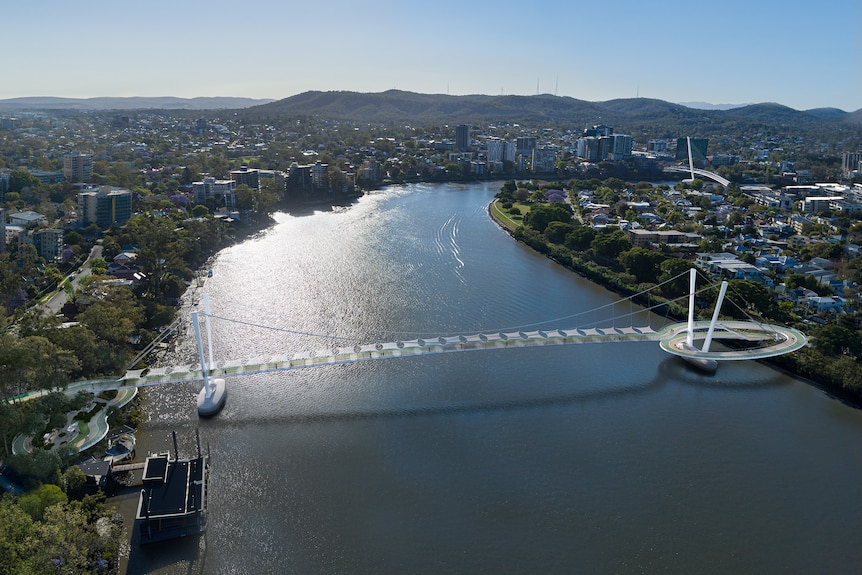 A concept bridge design across a river.