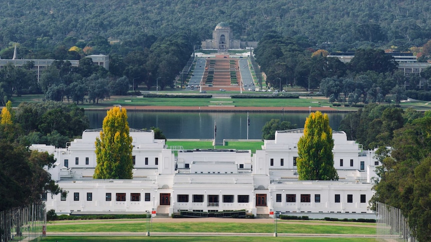 View from Parliament House, looking at the back of Old Parliament House with the Australian War Memorial in the background.