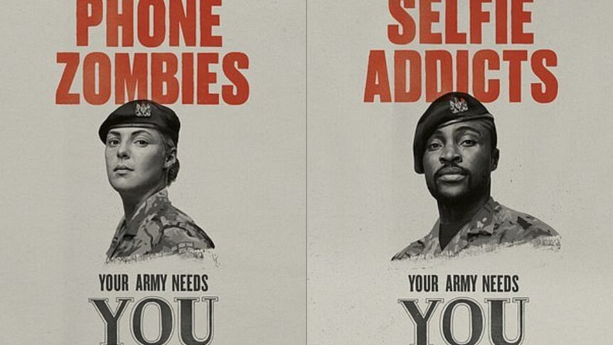 A UK Army poster takes aim at "phone zombies" and "selfie addicts".