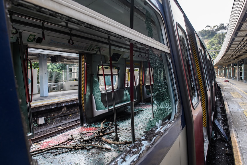 A view a stationary train carriage up close with its windows smashed, doors open, and tree debris scattered in its interior.