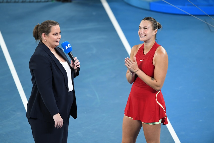 Aryna Sabalenka is interviewed by Jelena Dokic after her Australian Open semifinal win.