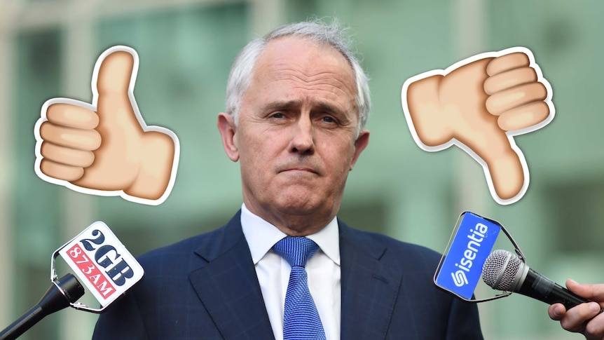 Malcolm Turnbull flanked by thumbs up and thumbs down emojis.