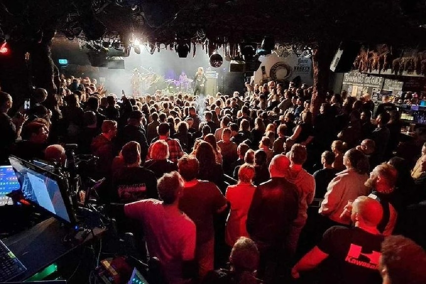 A large crowd at a music venue shot from behind.