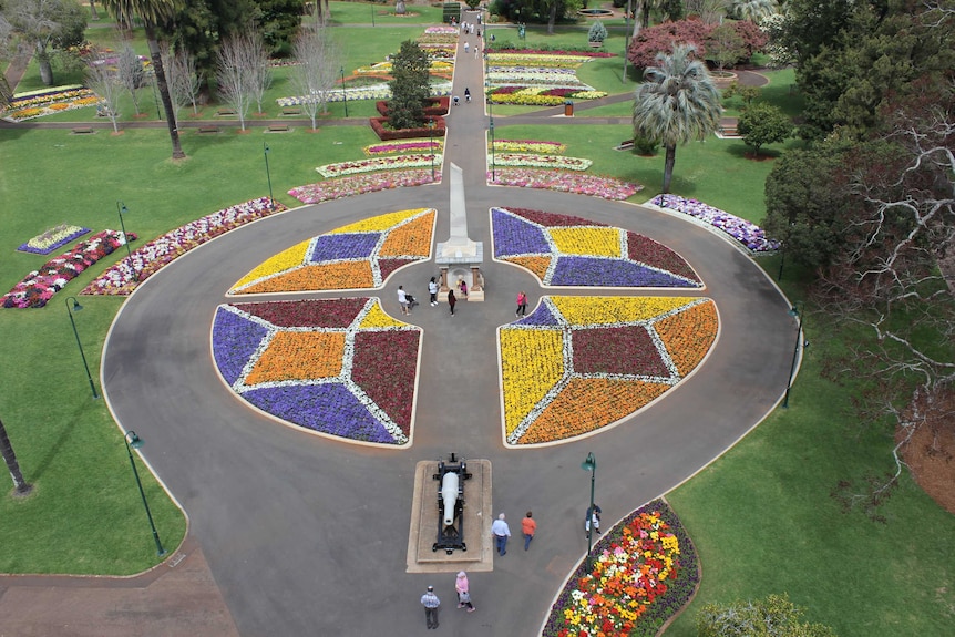 An aerial view of flowers in Toowoomba's Queens Park