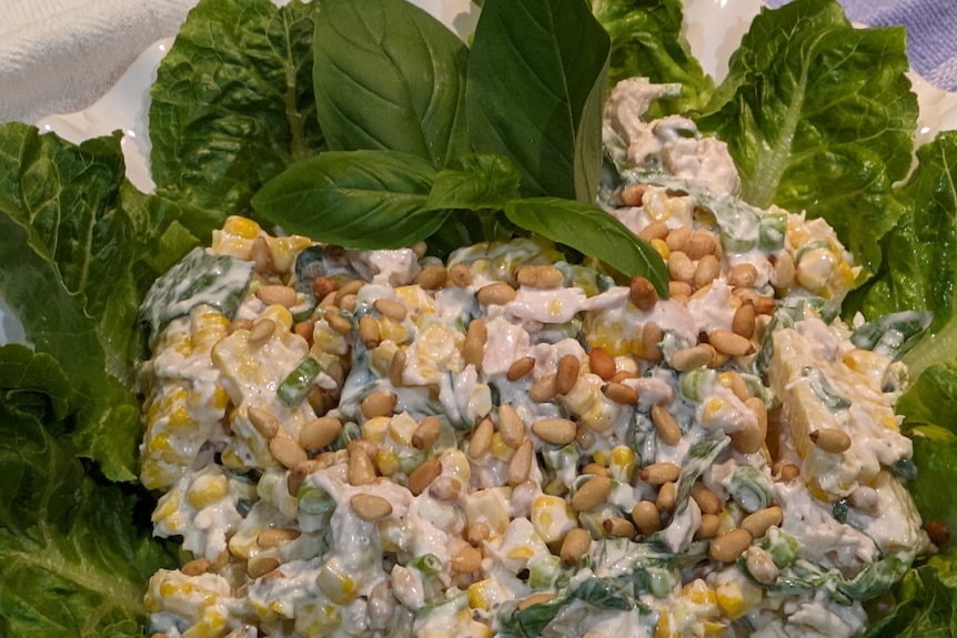 A close-up of a chicken and corn salad, sitting on top of green salad leaves.