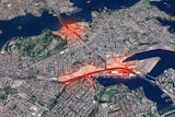 A map showing congested areas in and around the Rozelle Interchange 