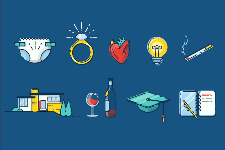 An illustration shows a nappy, an engagement ring, a heart, a lightbulb, a house and a wine bottle.