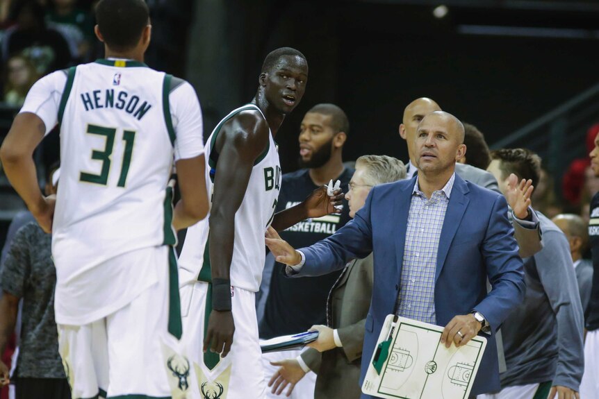 Thon Maker with Milwaukee Bucks coach Jason Kidd