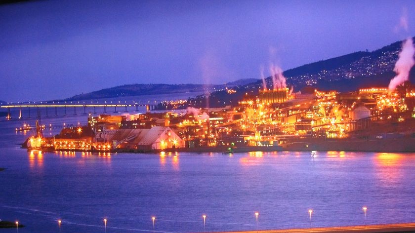 Nyrstar's Hobart zinc smelter at night.