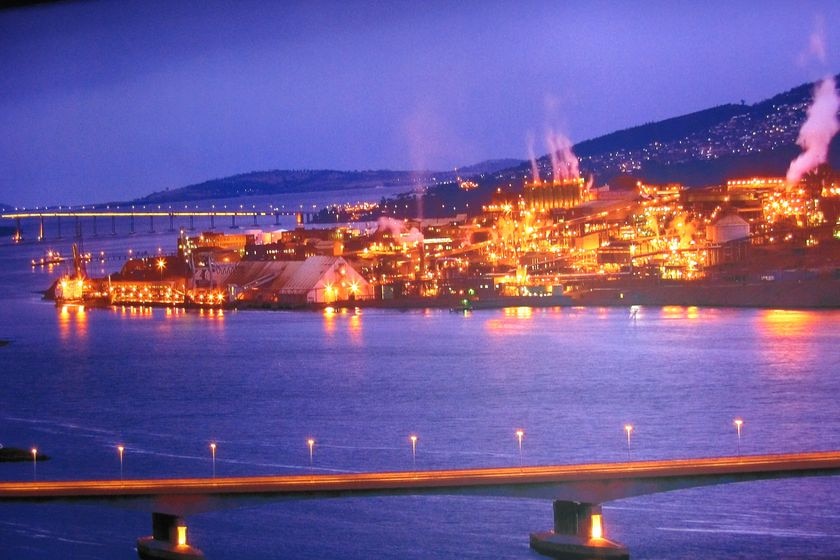 Nyrstar's Hobart zinc smelter at night.