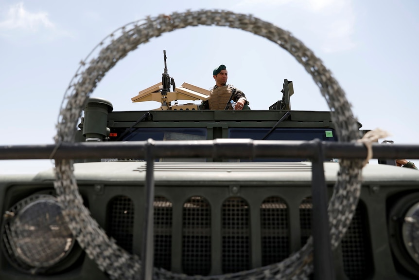 Afghan soldier keeps watch at Bagram Airfield