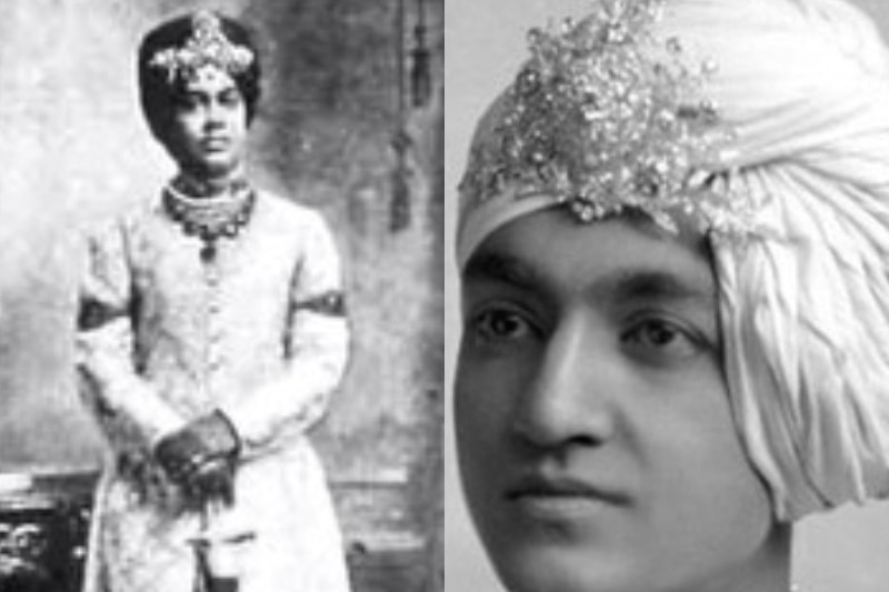 Composite black and white photographs of two men wearing traditional Indian dress and headwear.