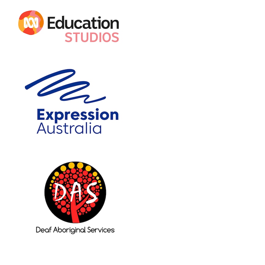 ABC Education Studios, Expression Australia logo, Deaf Aboriginal Services logo, vertically stacked