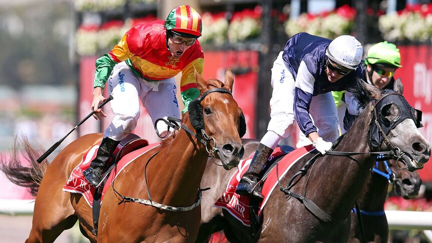 Damien Oliver rides Happy Trails to victory at the Emirates Stakes.