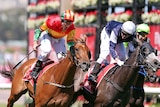 Damien Oliver rides Happy Trails to victory at the Emirates Stakes.