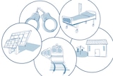 Illustrations of solar panels, handcuffs, a train, house and hospital bed.