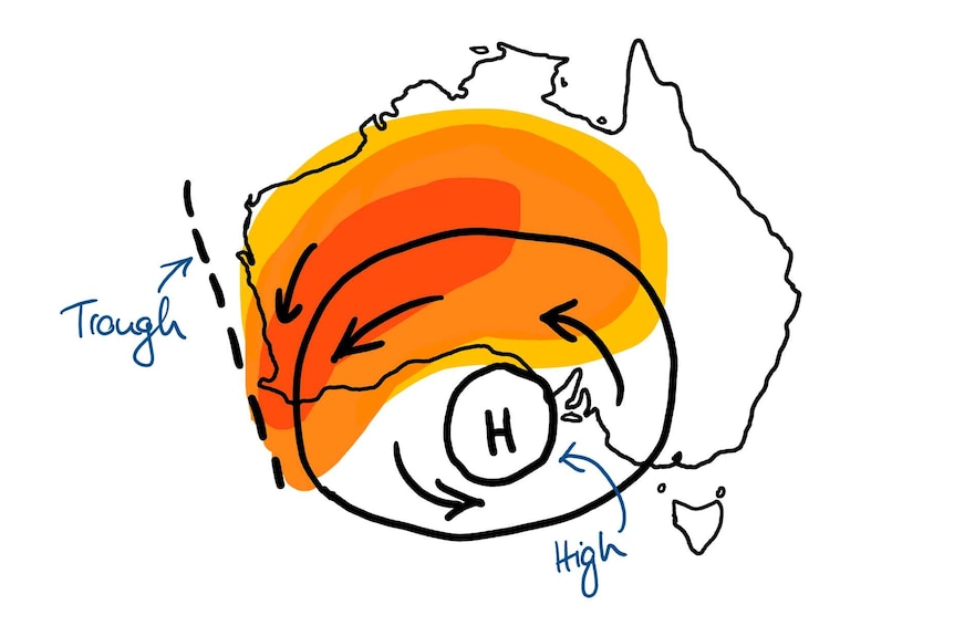 A sketch of Australia showing a heat trough over Western Australia.