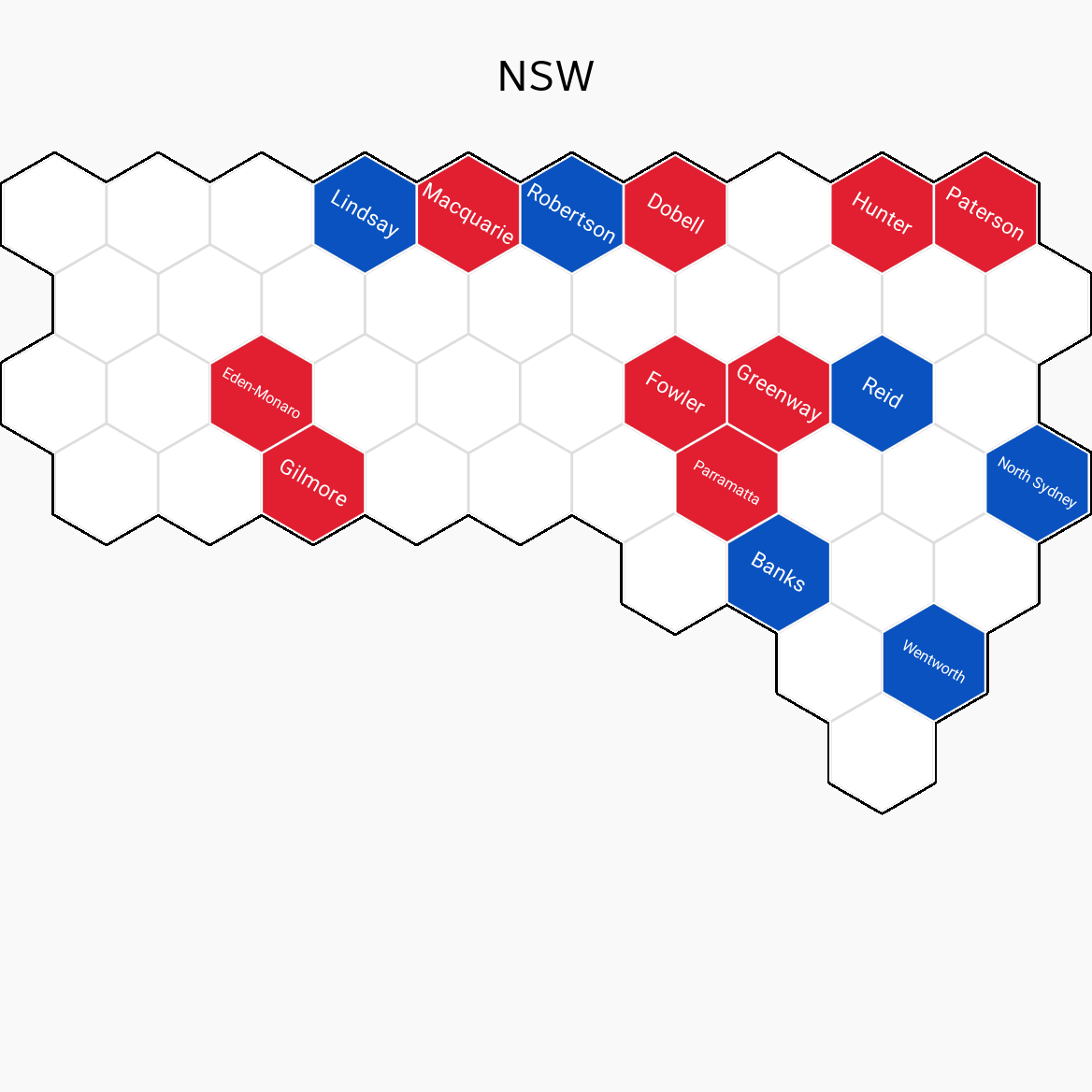 A white map of New South Wales divided up into hexagonal shapes, with some of the shapes coloured in red, blue or grey..