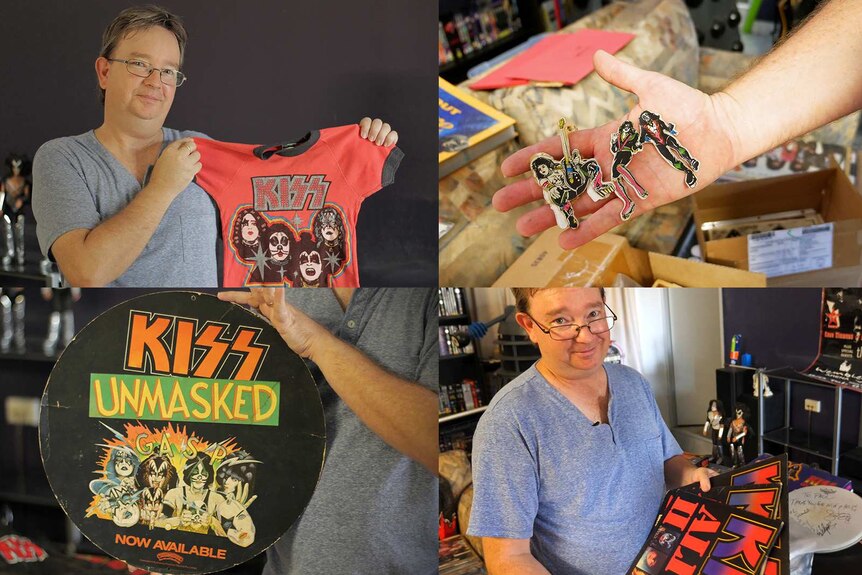 A composite image of collector Paul Neilson and some of his collectable KISS merchandise
