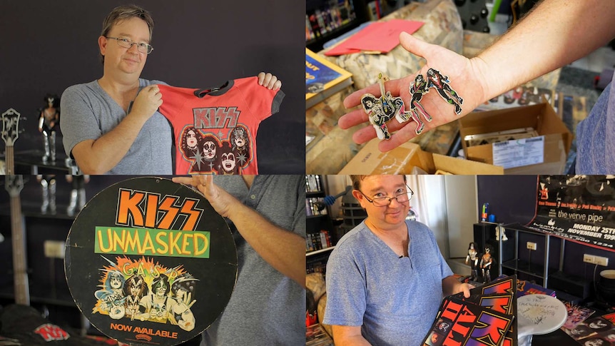 A composite image of collector Paul Neilson and some of his collectable KISS merchandise