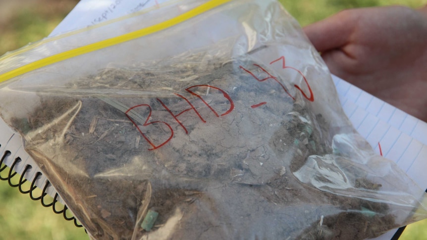 A plastic zip-lock bag holds a vacuum bag to be used in the household dust survey, labelled house 43.