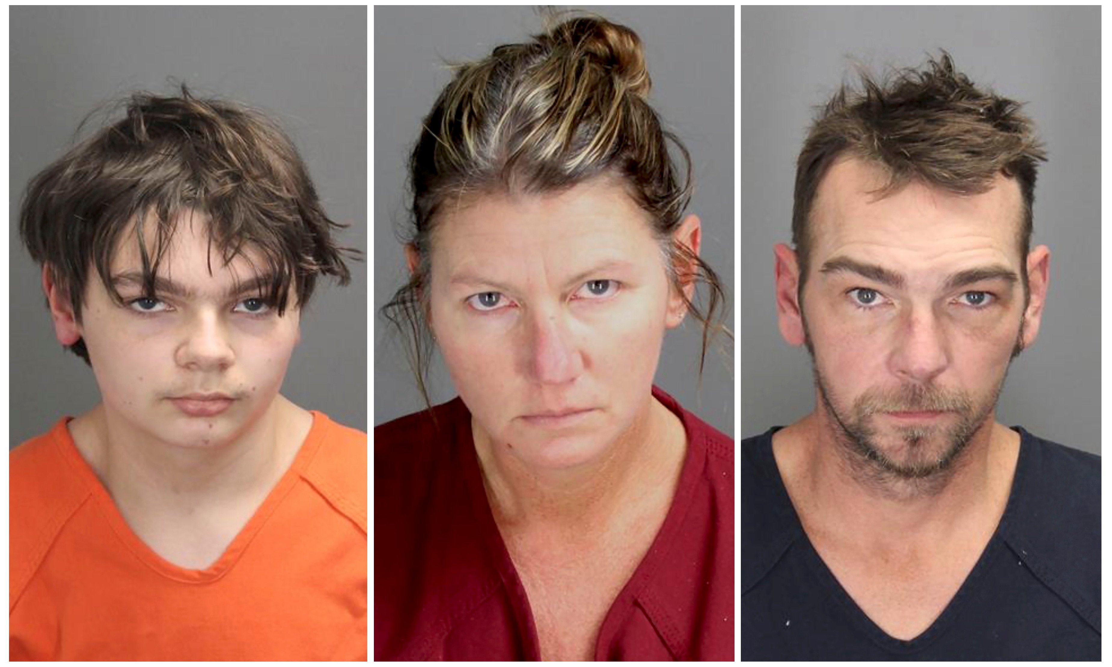 A jail booking photo of Ethan Crumbley beside his mother Jennifer Crumbley and dad James Crumbley.