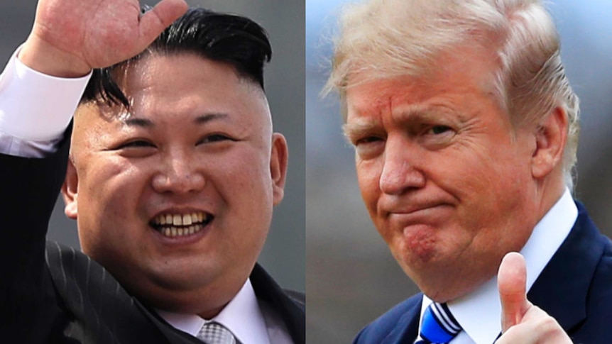 A composite image shows Kim Jong-un on the left waving and Donald Trump on the right giving a thumbs up